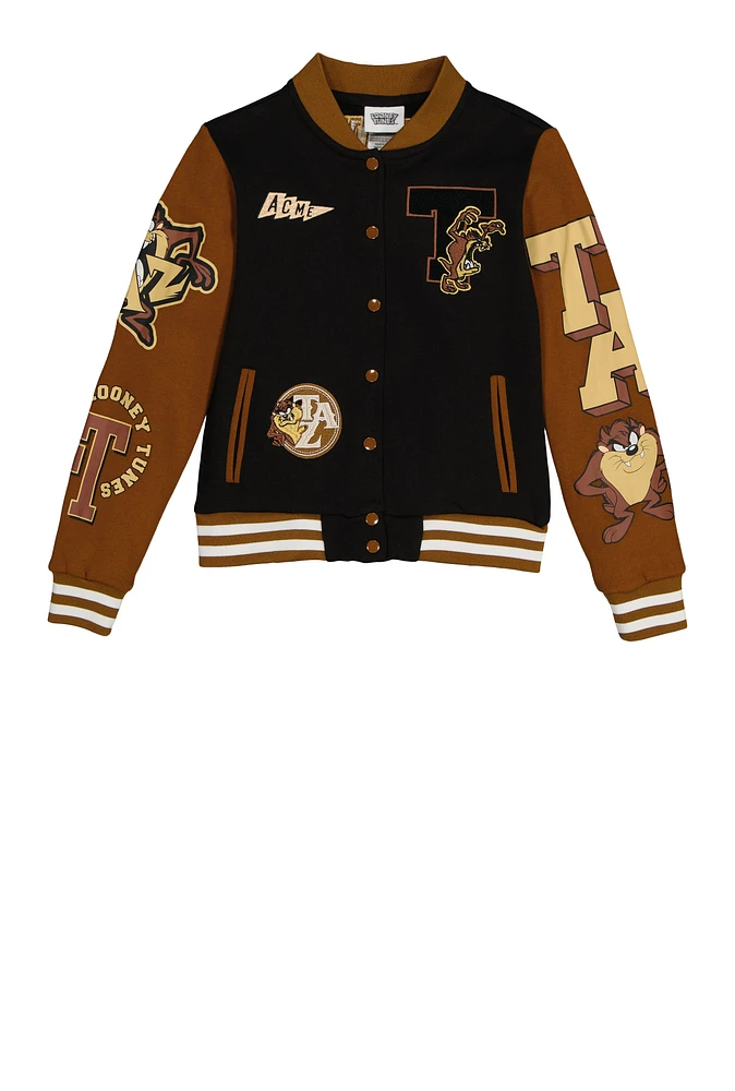 Boys Tasmanian Devil Embroidered Varsity Jacket, Brown, Size 10-12