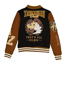 Boys Tasmanian Devil Embroidered Varsity Jacket, Brown, Size 10-12