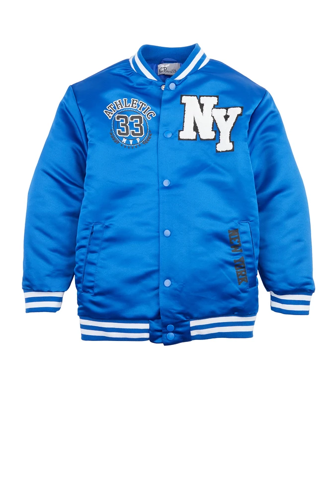 Boys Athletic Graphic Varsity Bomber Jacket, Blue, Size 18