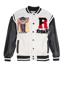 Boys Royalty Chenille Patch Graphic Varsity Jacket, White,