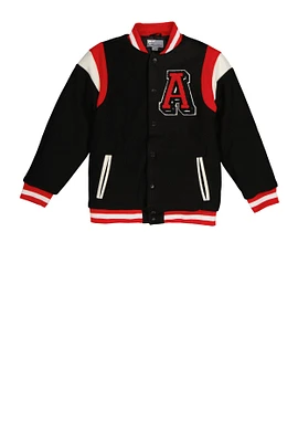 Boys Graphic Letterman Jacket, Black, Size 10-12