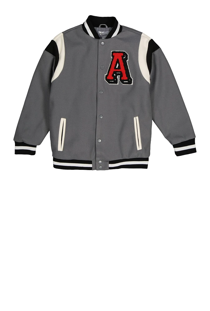 Boys Graphic Letterman Jacket, Grey, Size 10-12