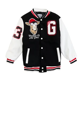 Boys GOAT Chenille Patch Varsity Jacket, Black, Size 14-16