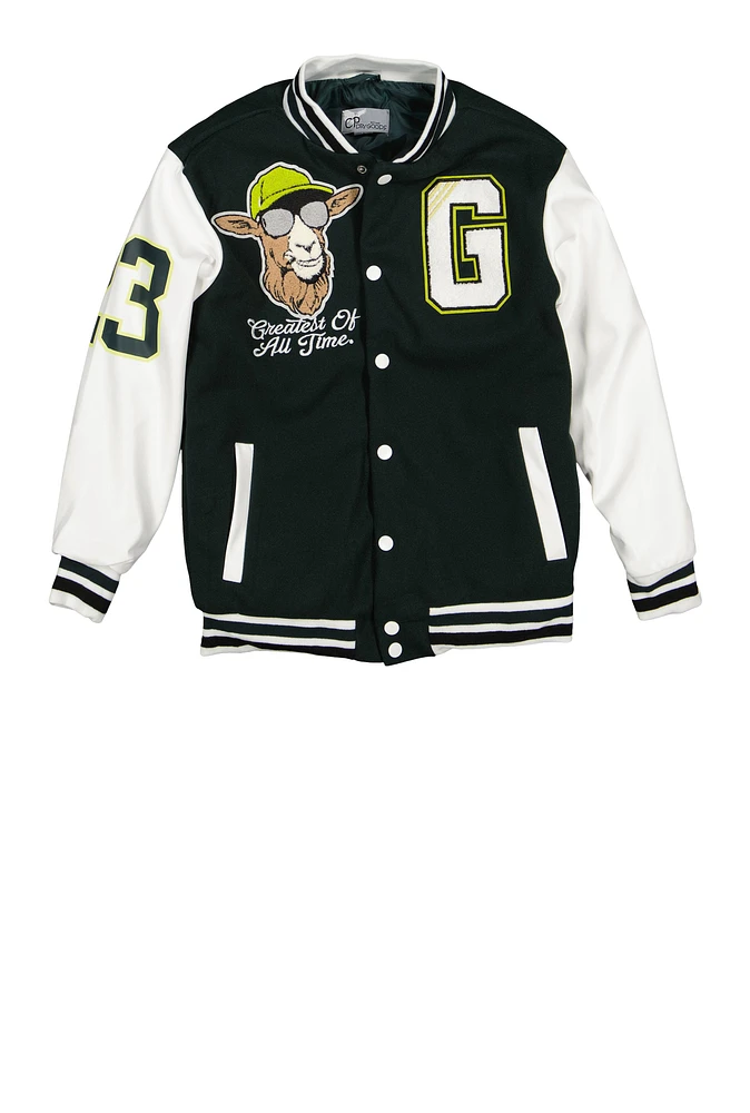 Boys GOAT Chenille Patch Varsity Jacket, Green, Size 14-16