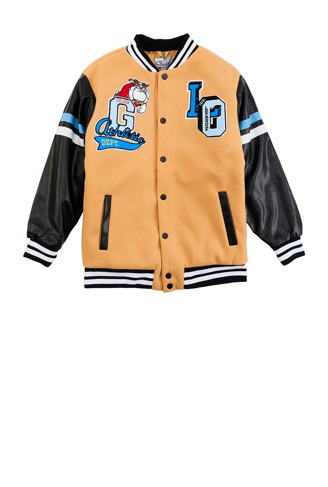Boys Graphic Chenille Patch Varsity Jacket, Yellow, Size 10-12