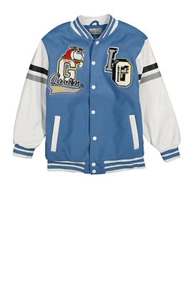 Boys Graphic Chenille Patch Varsity Jacket, Blue, Size 14-16