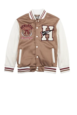 Boys Athletic Brooklyn Graphic Varsity Jacket, Brown,