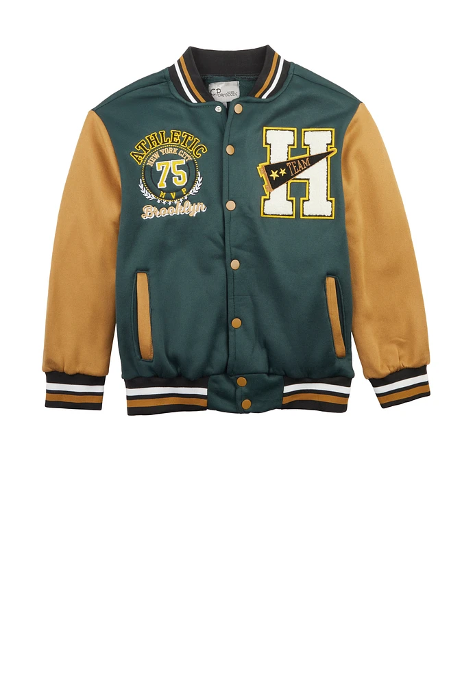 Boys Athletic Brooklyn Graphic Varsity Jacket, Green, Size 10-12