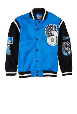 Boys Tiger Graphic Chenille Patch Varsity Jacket, Blue, Size 14-16