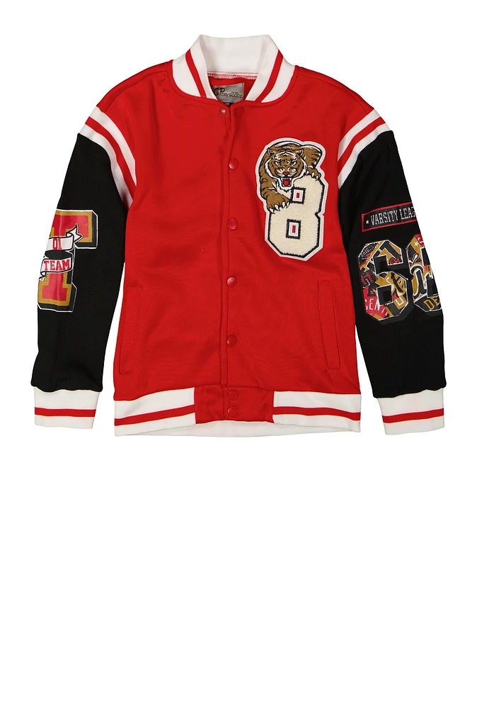 Boys Tiger Graphic Chenille Patch Varsity Jacket, Red, Size 14-16