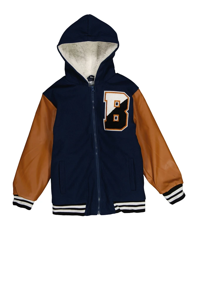 Boys B Initial Faux Leather Sleeve Hooded Jacket,