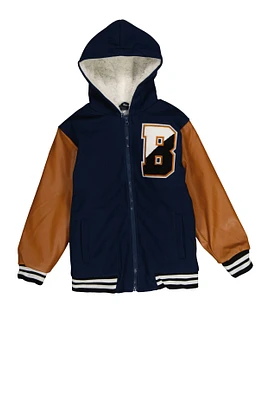 Boys B Initial Faux Leather Sleeve Hooded Jacket, Blue, Size 18