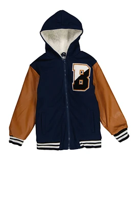 Boys B Initial Faux Leather Sleeve Hooded Jacket, Blue, Size 14-16