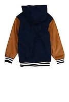 Boys B Initial Faux Leather Sleeve Hooded Jacket, Blue, Size 14-16