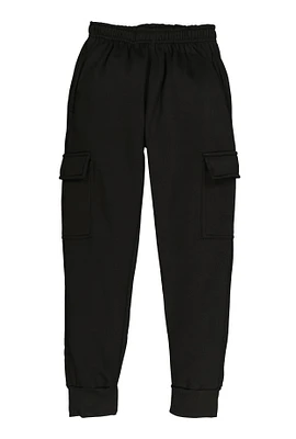 Boys Basic Fleece Cargo Joggers, Black, Size 8-10