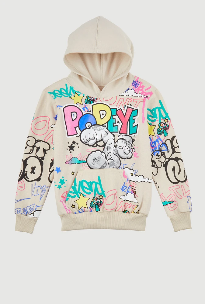 Little Boys Popeye Graffiti Graphic Pullover Hoodie, Beige, Size 7