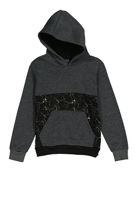 Boys Marble Print Color Block Hoodie, Grey,