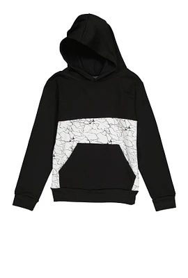 Boys Marble Print Color Block Hoodie, Black, Size 12-14