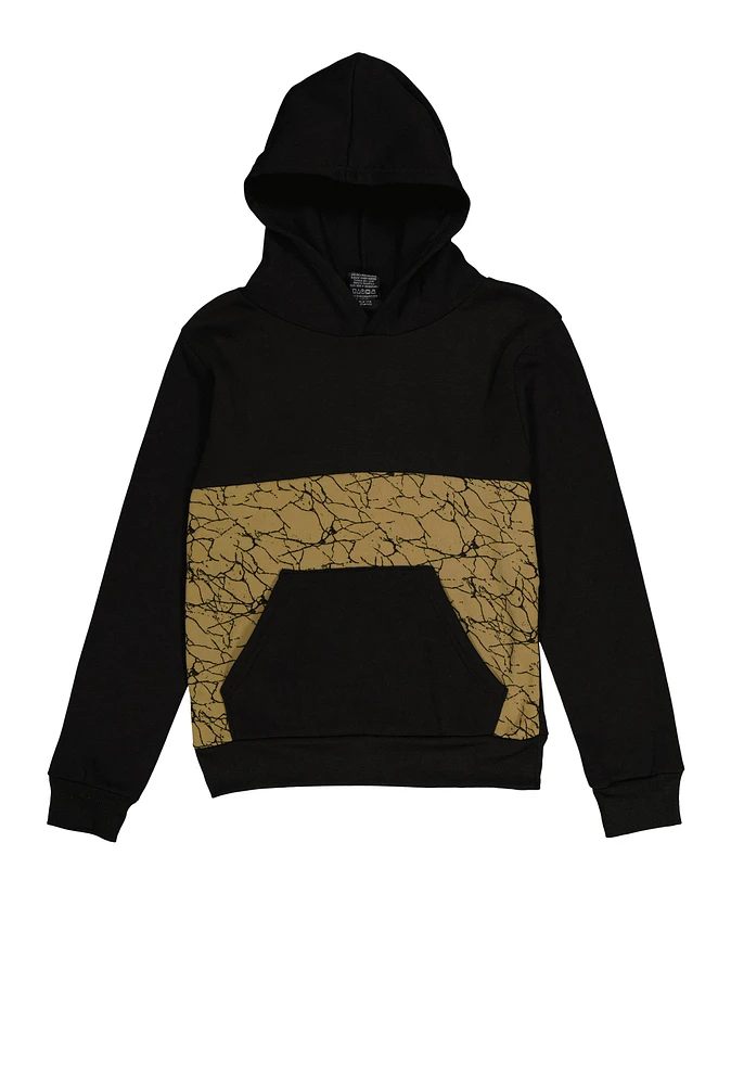 Boys Marble Print Color Block Hoodie,