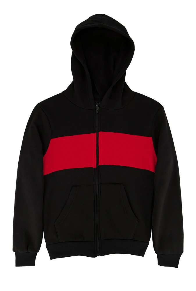 Boys Fleece Stripe Detail Zip Front Hoodie, Black, Size 12-14