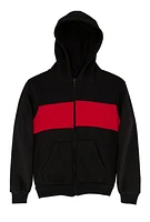 Boys Fleece Stripe Detail Zip Front Hoodie, Black, Size 12-14