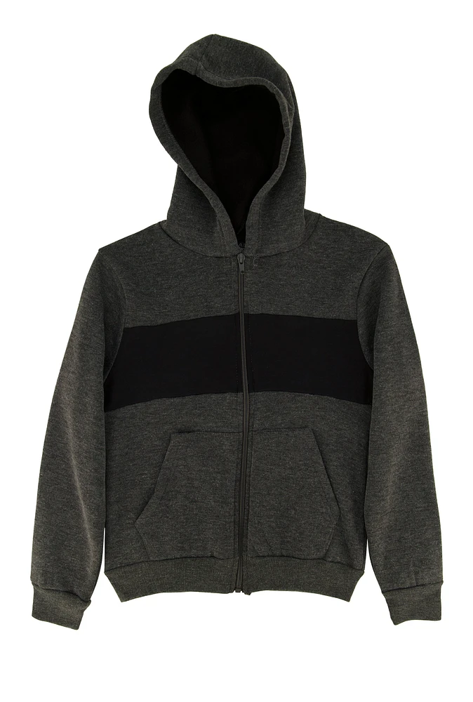 Boys Fleece Stripe Detail Zip Front Hoodie, Grey, Size 16-18
