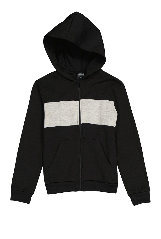 Boys Fleece Stripe Detail Zip Front Hoodie, Black,