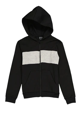 Boys Fleece Stripe Detail Zip Front Hoodie, Black,