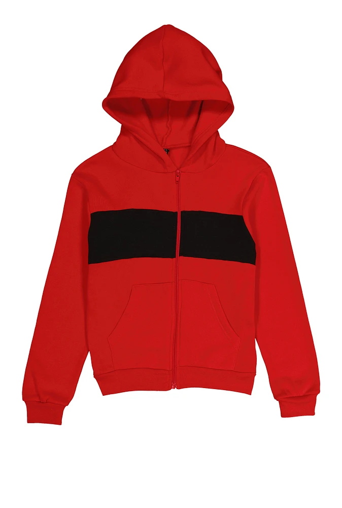 Boys Fleece Stripe Detail Zip Front Hoodie, Red, Size 12-14