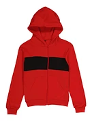 Boys Fleece Stripe Detail Zip Front Hoodie, Red, Size 12-14