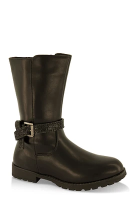 Womens Girls Rhinestone Buckle Strap Boots, Black, Size 3
