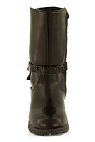 Womens Girls Rhinestone Buckle Strap Boots, Black, Size 2