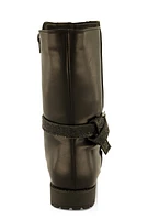 Womens Girls Rhinestone Buckle Strap Boots, Black, Size 2