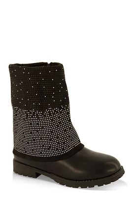 Womens Girls Rhinestone Fold Over Boots, Black, Size 2