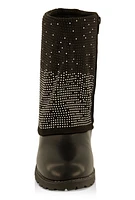 Womens Girls Rhinestone Fold Over Boots, Black, Size 2