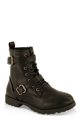 Womens Girls Buckle Detail Lace Up Combat Boots, Black,