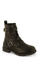Womens Girls Buckle Detail Lace Up Combat Boots, Black,
