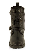 Womens Girls Buckle Detail Lace Up Combat Boots, Black,