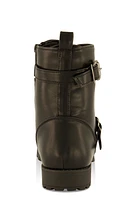 Womens Girls Buckle Detail Lace Up Combat Boots, Black,