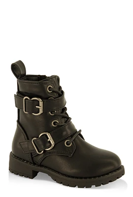 Womens Toddler Girls Double Buckle Combat Boots, Black, Size 7