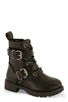 Womens Toddler Girls Double Buckle Combat Boots, Black, Size 7