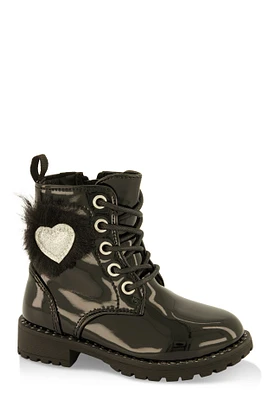 Womens Toddler Girls Heart Feather Combat Boots, Black, Size 8
