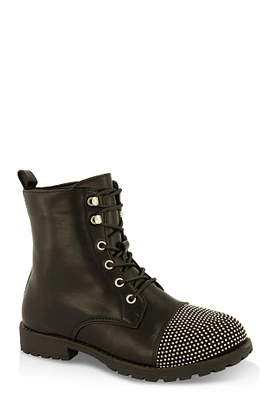Womens Girls Rhinestone Toe Lace Up Combat Boots, Black, Size 1