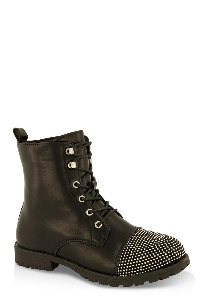 Womens Girls Rhinestone Toe Lace Up Combat Boots, Black,