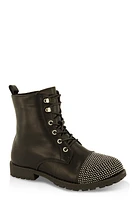 Womens Girls Rhinestone Toe Lace Up Combat Boots, Black,
