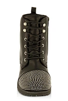 Womens Girls Rhinestone Toe Lace Up Combat Boots, Black, Size 1