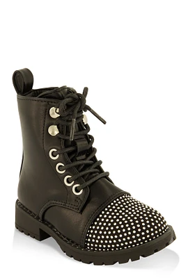 Womens Toddler Girls Studded Trim Rhinestone Combat Boots, Black, Size 6