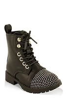 Womens Toddler Girls Studded Trim Rhinestone Combat Boots, Black, Size 6