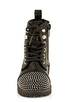 Womens Toddler Girls Studded Trim Rhinestone Combat Boots, Black, Size 6