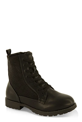 Womens Girls Rhinestone Detail Combat Boots, Black, Size 4